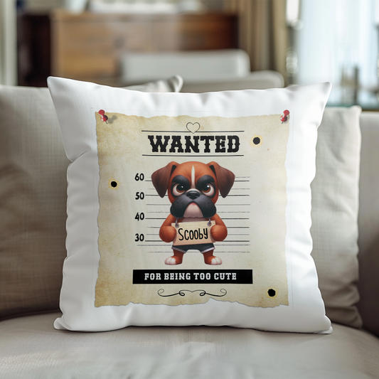 Personalised Dog WANTED Boxer in a line-up - Keepsake Gift Cushion, by Floppsie Moppsie – floppsiemoppsie at floppsiemoppsie.co.uk