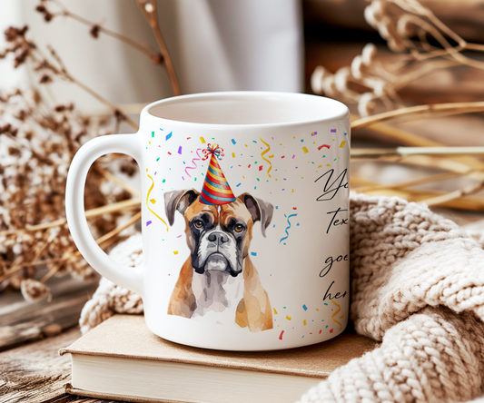 Personalised Dog Gift Mug - Boxer Dog with Birthday Congratulations Party Hat