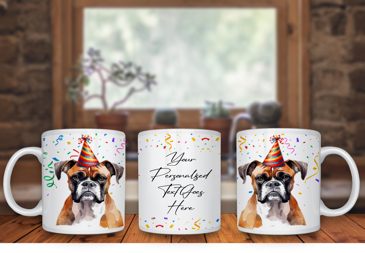 Personalised Dog Gift Mug - Boxer Dog with Birthday Congratulations Party Hat