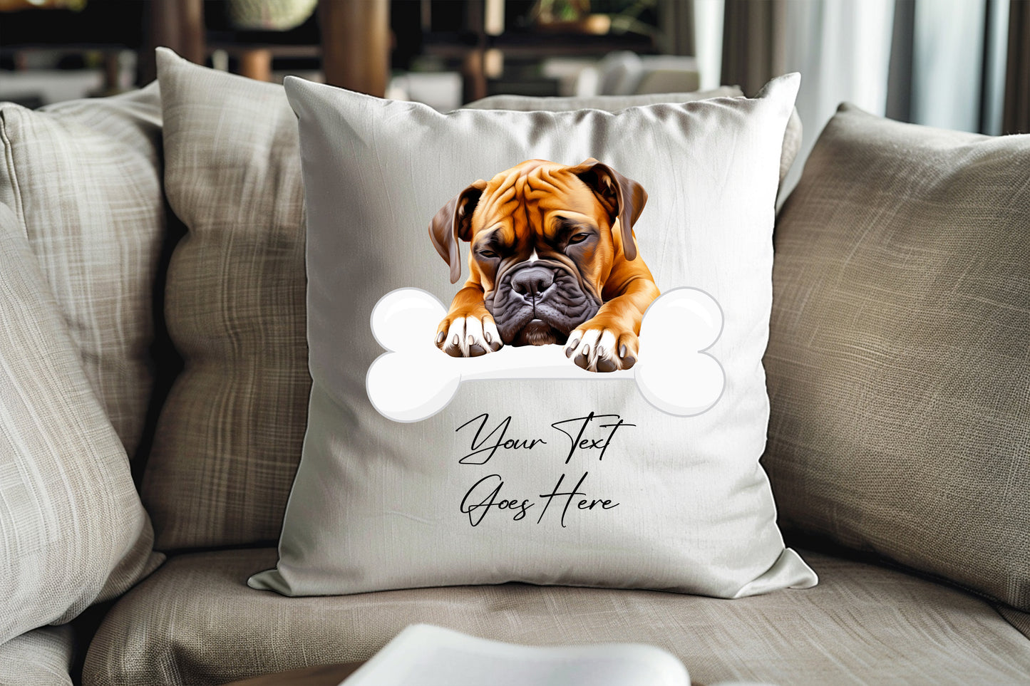 Personalised Boxer sleeping on a bone Pet Dog Keepsake Gift Cushion, by Floppsie Moppsie – floppsiemoppsie at floppsiemoppsie.co.uk