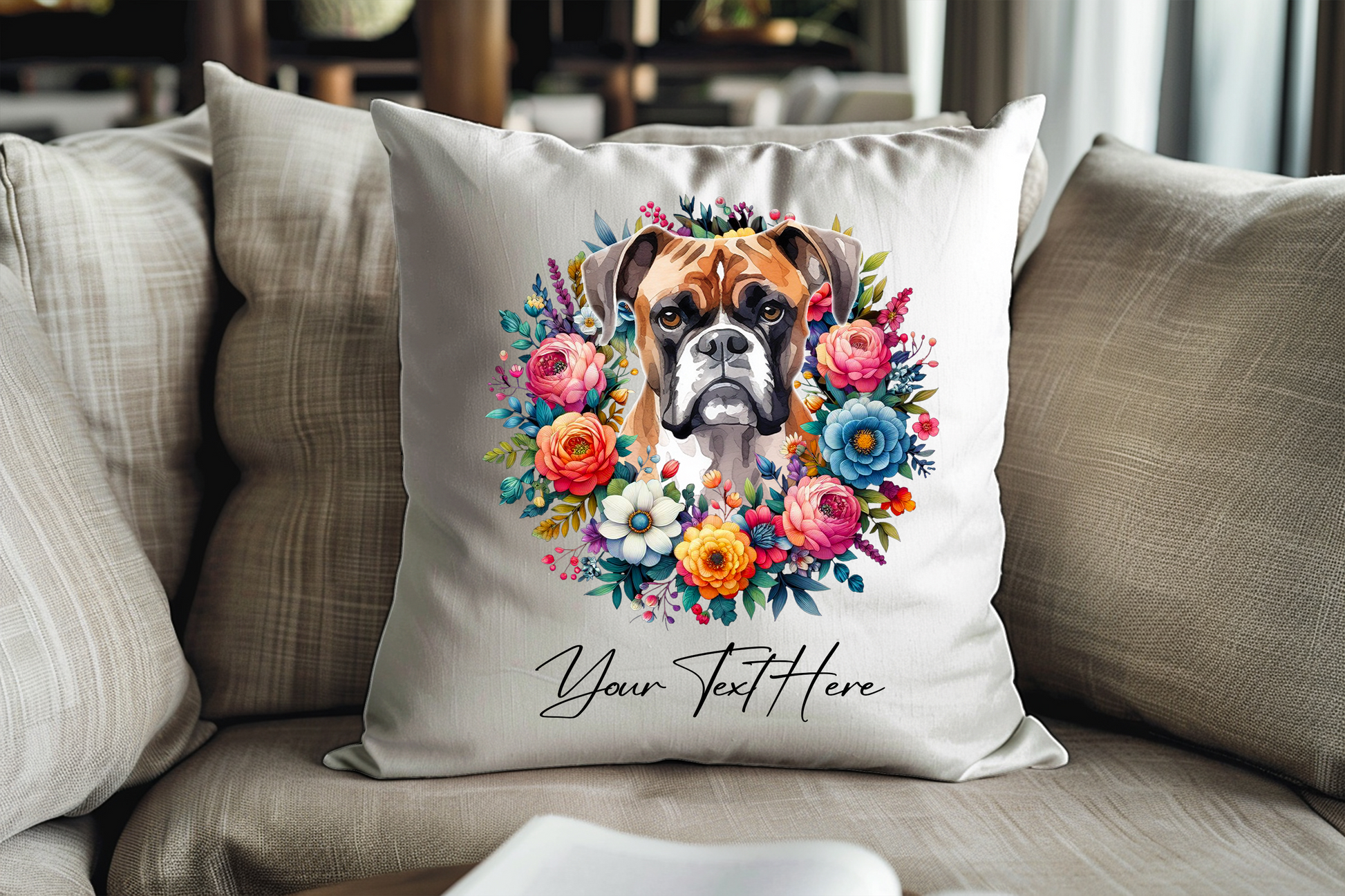 Personalised Floral Summer Pet Dog Wreath with Boxer - Keepsake Gift Cushion, by Floppsie Moppsie – floppsiemoppsie at floppsiemoppsie.co.uk