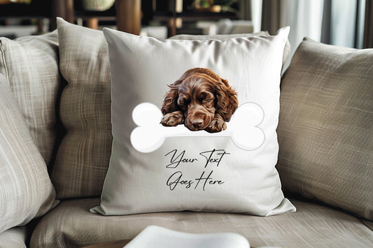 Personalised Boykin Spaniel sleeping on a bone Pet Dog Keepsake Gift Cushion, by Floppsie Moppsie – floppsiemoppsie at floppsiemoppsie.co.uk