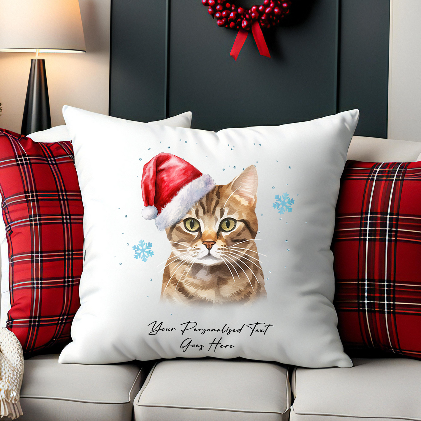 Personalised Cat Christmas Tabby Bramble in Santa Hat - Cushion Cover Gift