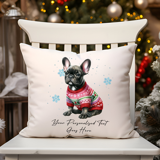 Personalised Brindle French Bulldog Dog Christmas jumper Cushion Cover Gift