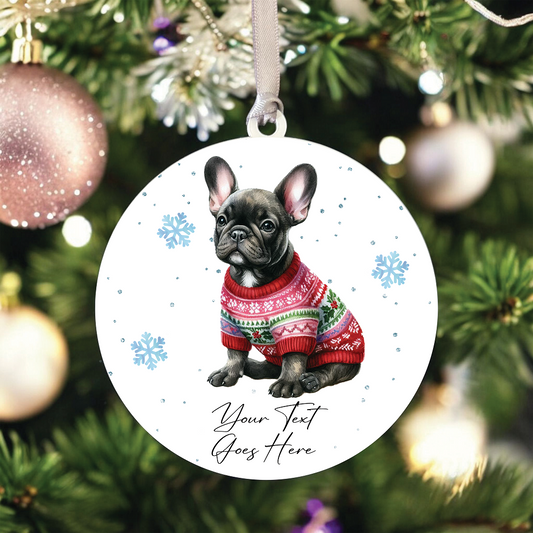 A Personalised Brindle French Bulldog Christmas Jumper Dog Hanging Bauble Decoration