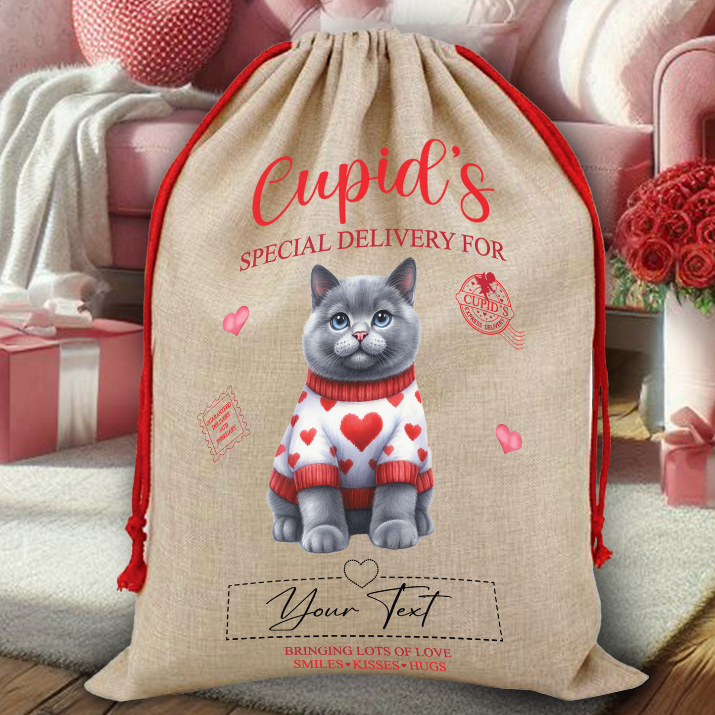 Personalised Cat Love Heart Valentine Anniversary Gift Sack - British Blue