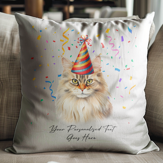 Personalised British Longhair Birthday Party Hat Cat - Cushion Cover Gift