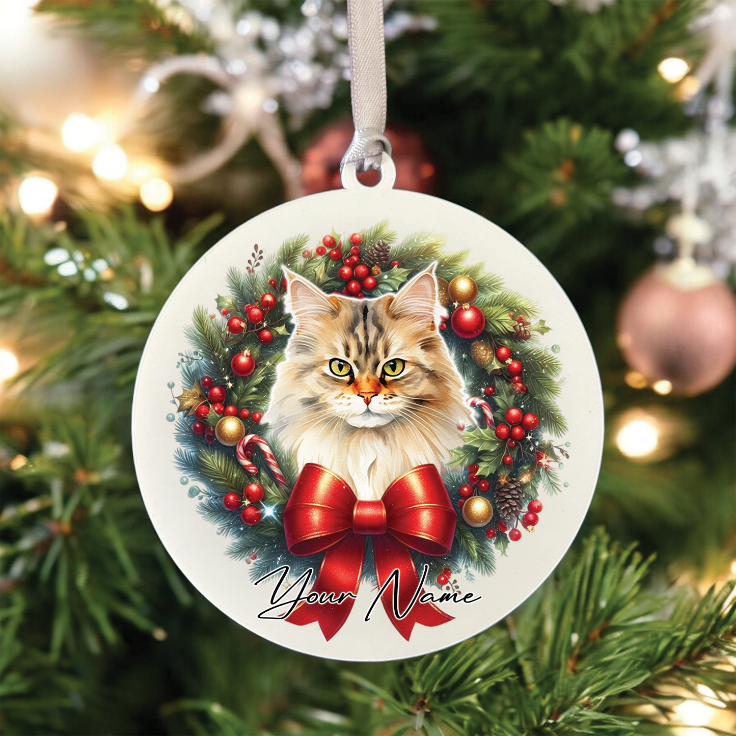 Personalised British Longhair Cat Christmas Wreath - Hanging Bauble Decoration