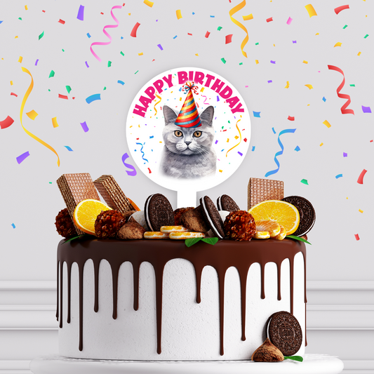 Personalised Cat Party Hat Cake Topper - British Shorthair