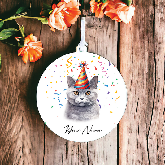 Personalised British Shorthair Cat Birthday Party Hat - Hanging Bauble Decoration