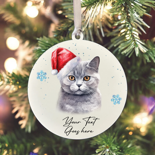 Personalised Christmas British Shorthair in Santa Hat - Hanging Cat Bauble Decoration