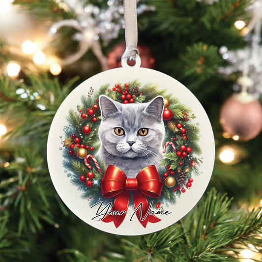 Personalised British Shorthair Cat Christmas Wreath - Hanging Bauble Decoration