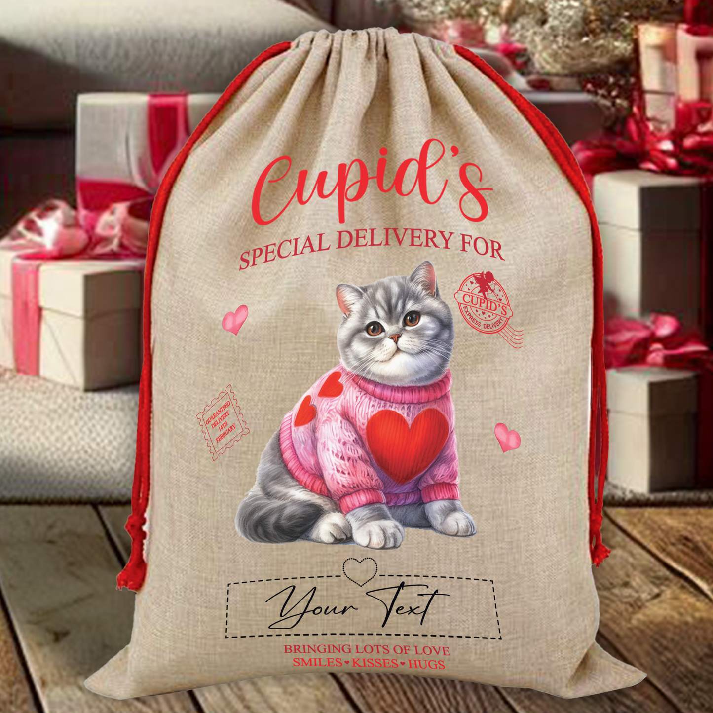 Personalised Cat Love Heart Valentine Anniversary Gift Sack - British Shorthair