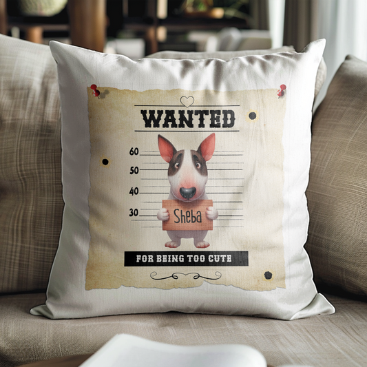 Personalised Dog WANTED Bull Terrier in a line-up - Keepsake Gift Cushion, by Floppsie Moppsie – floppsiemoppsie at floppsiemoppsie.co.uk