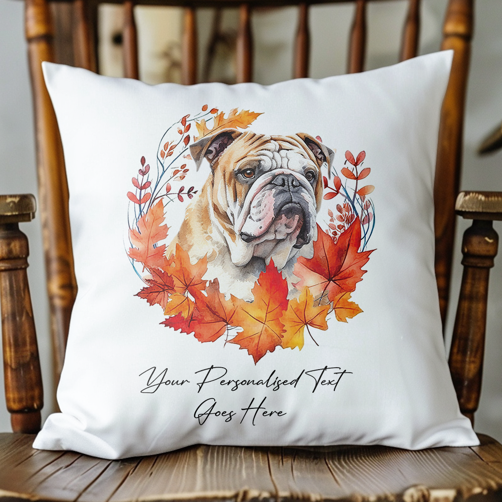 Personalised Bulldog in an Autumn wreath - Keepsake Gift cushion, by Floppsie Moppsie – floppsiemoppsie at floppsiemoppsie.co.uk