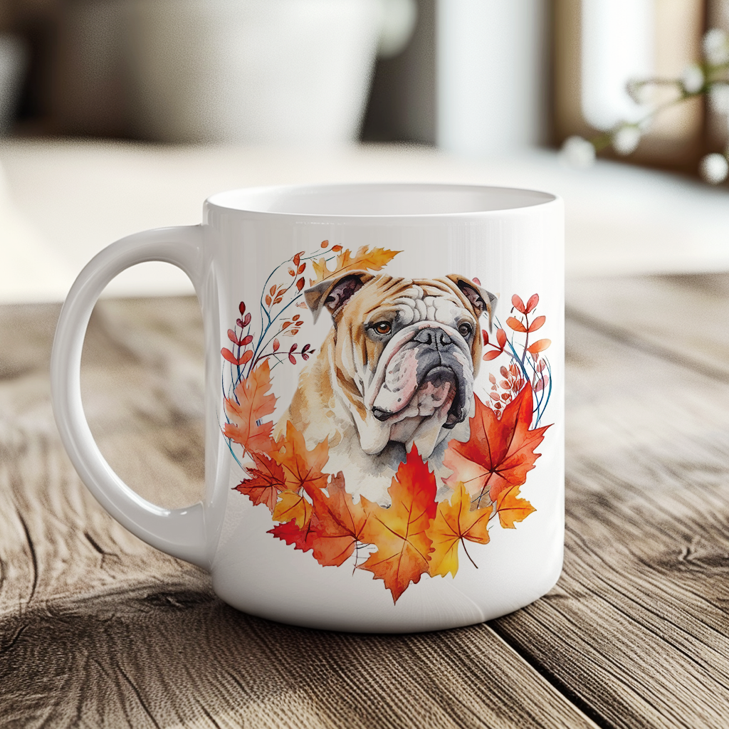 Personalised Bulldog in an Autumn wreath - Keepsake Mug, ideal gift for Birthday and Christmas Gift, by Floppsie Moppsie – floppsiemoppsie at floppsiemoppsie.co.uk