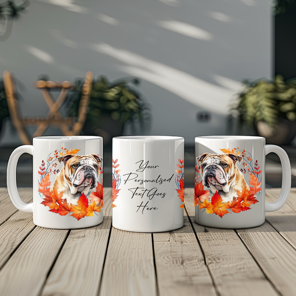 Personalised Bulldog in an Autumn wreath - Keepsake Mug, ideal gift for Birthday and Christmas Gift, by Floppsie Moppsie – floppsiemoppsie at floppsiemoppsie.co.uk