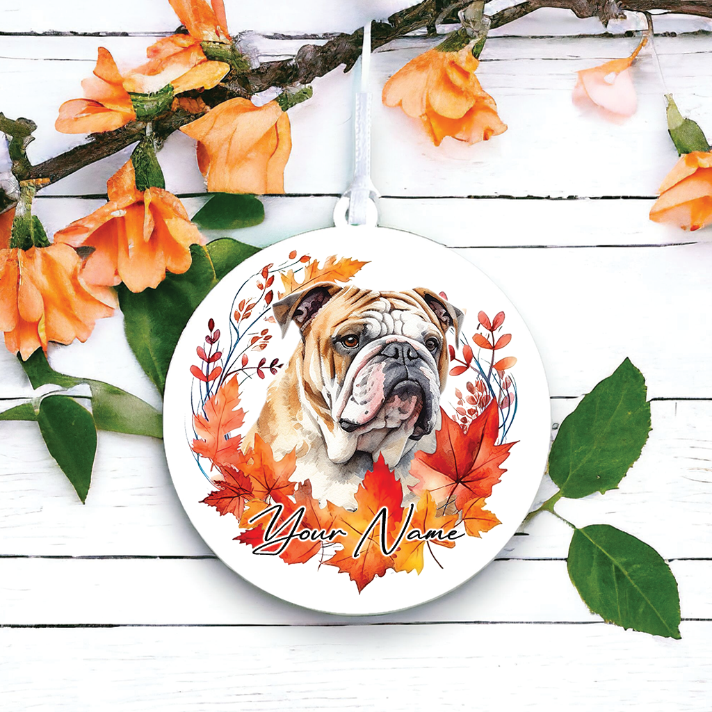 Personalised Dog Bulldog in an autumn wreath - Keepsake Gift Hanging Decoration, by Floppsie Moppsie – floppsiemoppsie at floppsiemoppsie.co.uk