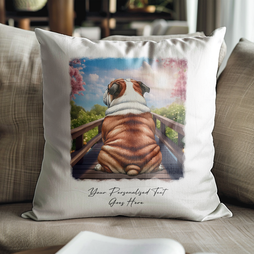 Personalised Bulldog – Looking out across a Bridge Pet Gift Cushion, by Floppsie Moppsie – floppsiemoppsie at floppsiemoppsie.co.uk