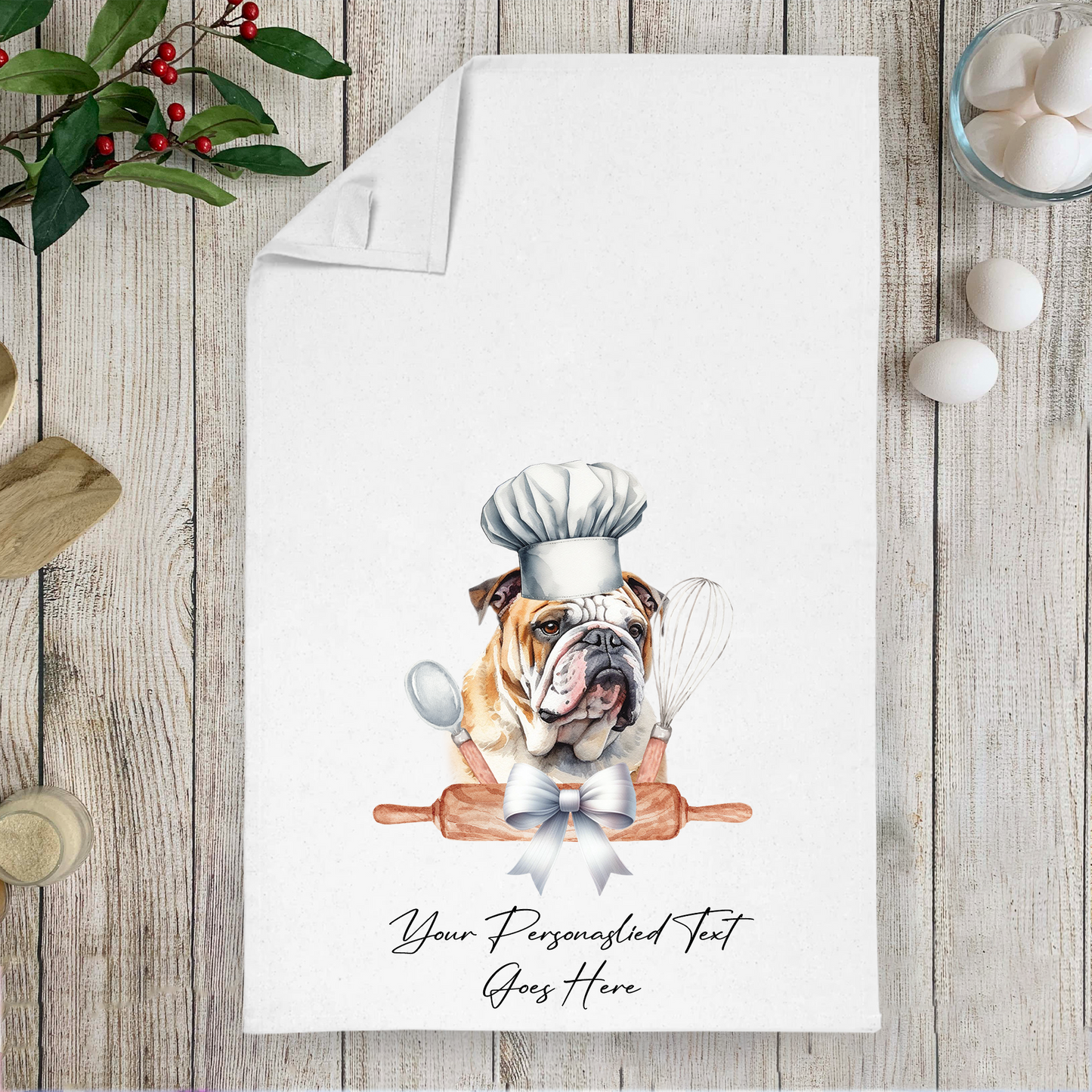 Personalised Dog In Chef Hat Gift Tea Towel - Bulldog