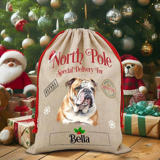 Personalised Dog Bulldog – North Pole Special Delivery Santa Sack Pet Gift, by Floppsie Moppsie – floppsiemoppsie at floppsiemoppsie.co.uk