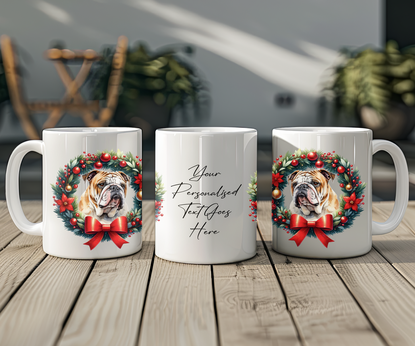 Personalised Bulldog Dog Christmas Wreath Gift Mug