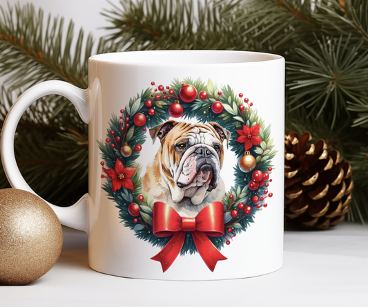 Personalised Bulldog Dog Christmas Wreath Gift Mug