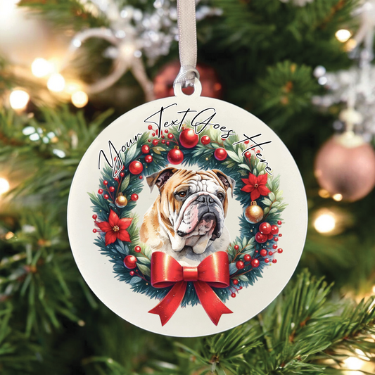 Personalised Bulldog Dog Christmas Wreath - Hanging Bauble Decoration