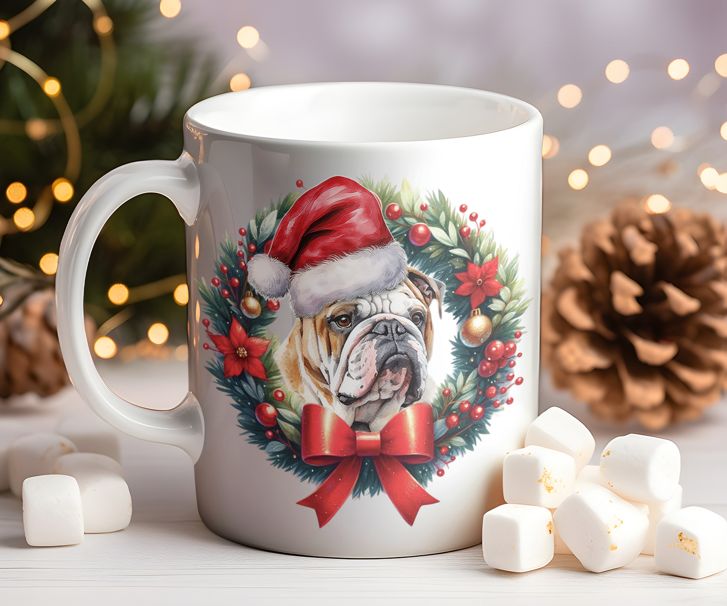 Personalised Bulldog Dog Christmas Wreath Gift Mug