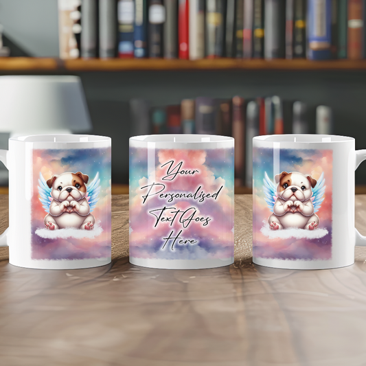 Personalised Dog Memorial Mug of Bulldog with wings in clouds making a heart sign - Keepsake Gift Mug, by Floppsie Moppsie – floppsiemoppsie at floppsiemoppsie.co.uk