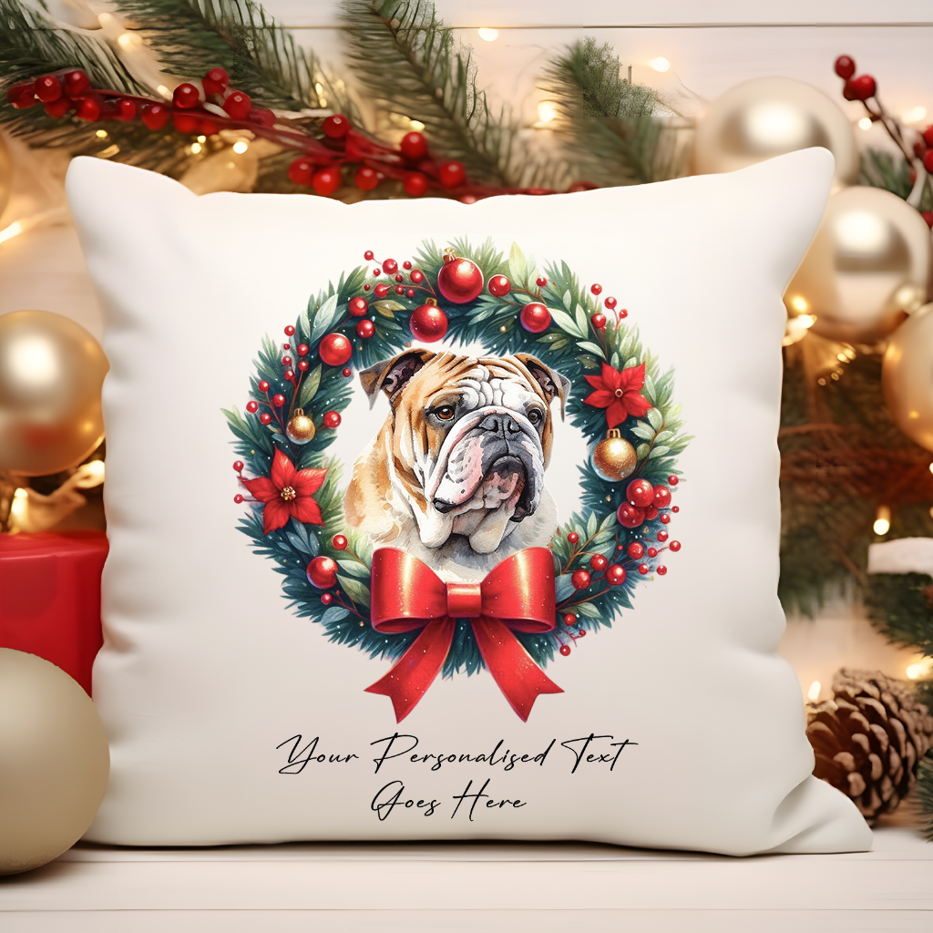 Personalised Bulldog in a Christmas wreath - Keepsake Gift cushion, by Floppsie Moppsie – floppsiemoppsie at floppsiemoppsie.co.uk