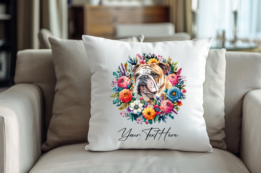 Personalised Floral Summer Pet Dog Wreath with Bulldog - Keepsake Gift Cushion, by Floppsie Moppsie – floppsiemoppsie at floppsiemoppsie.co.uk