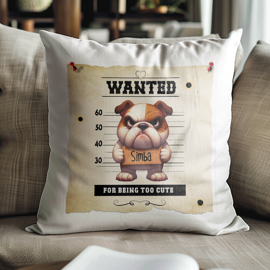 Personalised Dog WANTED Bulldog in a line-up - Keepsake Gift Cushion, by Floppsie Moppsie – floppsiemoppsie at floppsiemoppsie.co.uk