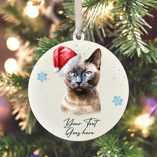 Personalised Christmas Burmese in Santa Hat - Hanging Cat Bauble Decoration