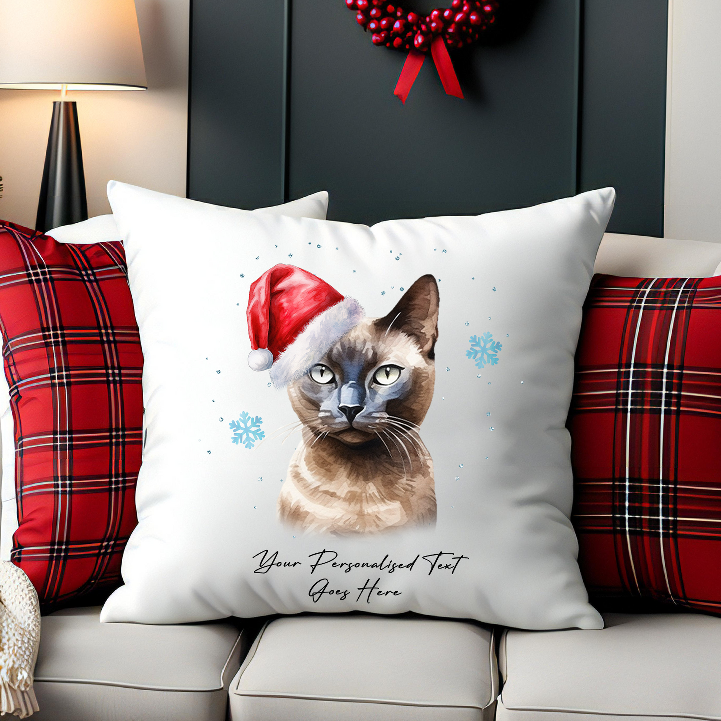 Personalised Cat Christmas Burmese in Santa Hat - Cushion Cover Gift