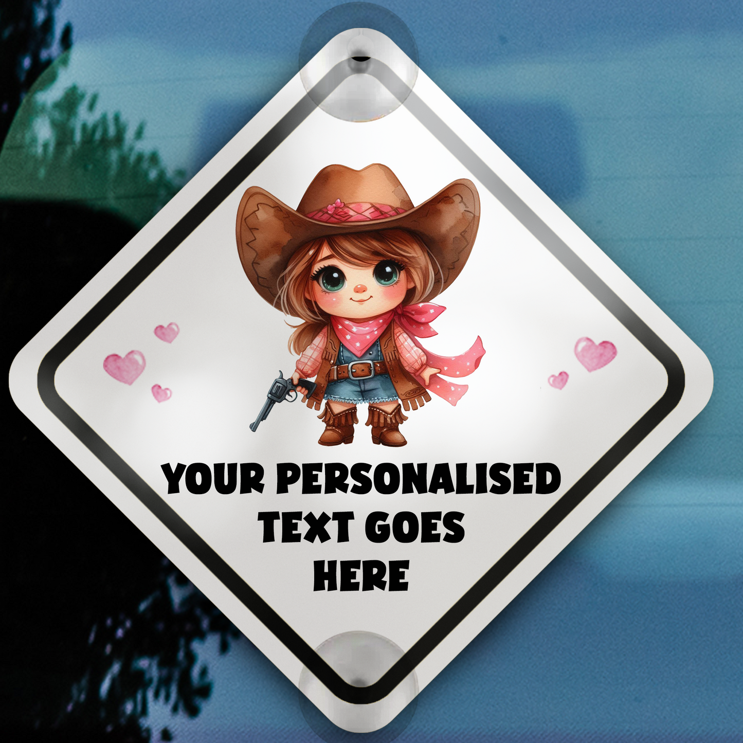 Personalised Baby Child On Board Car Window Sign - Cowgirl