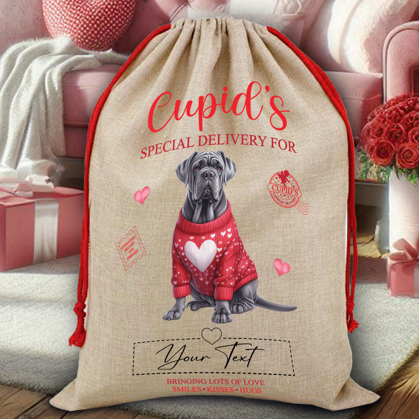 Personalised Dog Love Heart Valentine Anniversary Gift Sack - Cane Corso