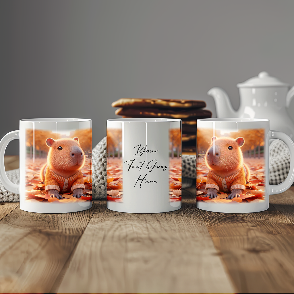 Personalised Cute Capybara Playing in Autumn Leaves - Keepsake Gift Mug, by Floppsie Moppsie – floppsiemoppsie at floppsiemoppsie.co.uk