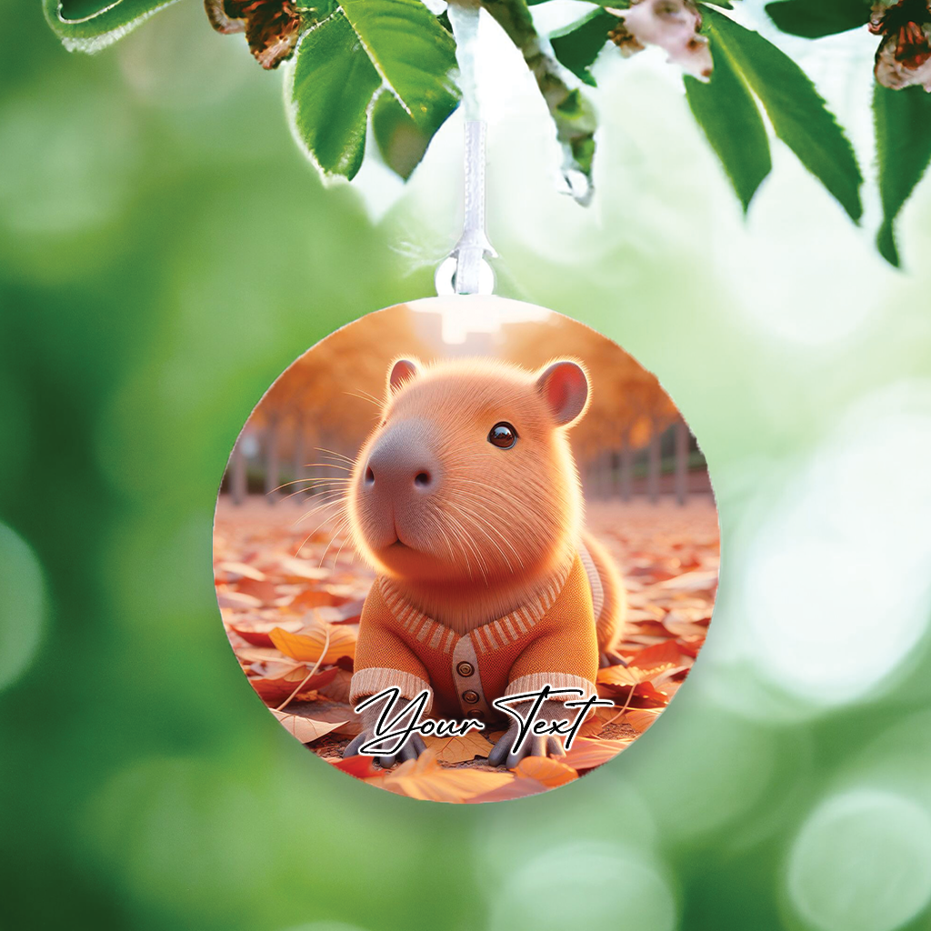 Cute Personalised Capybara playing in the autumn leaves - Keepsake Gift Hanging Decoration, by Floppsie Moppsie – floppsiemoppsie at floppsiemoppsie.co.uk