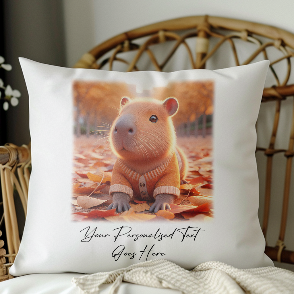 Personalised Cute Capybara Playing in Autumn Leaves - Keepsake Gift Cushion, by Floppsie Moppsie – floppsiemoppsie at floppsiemoppsie.co.uk