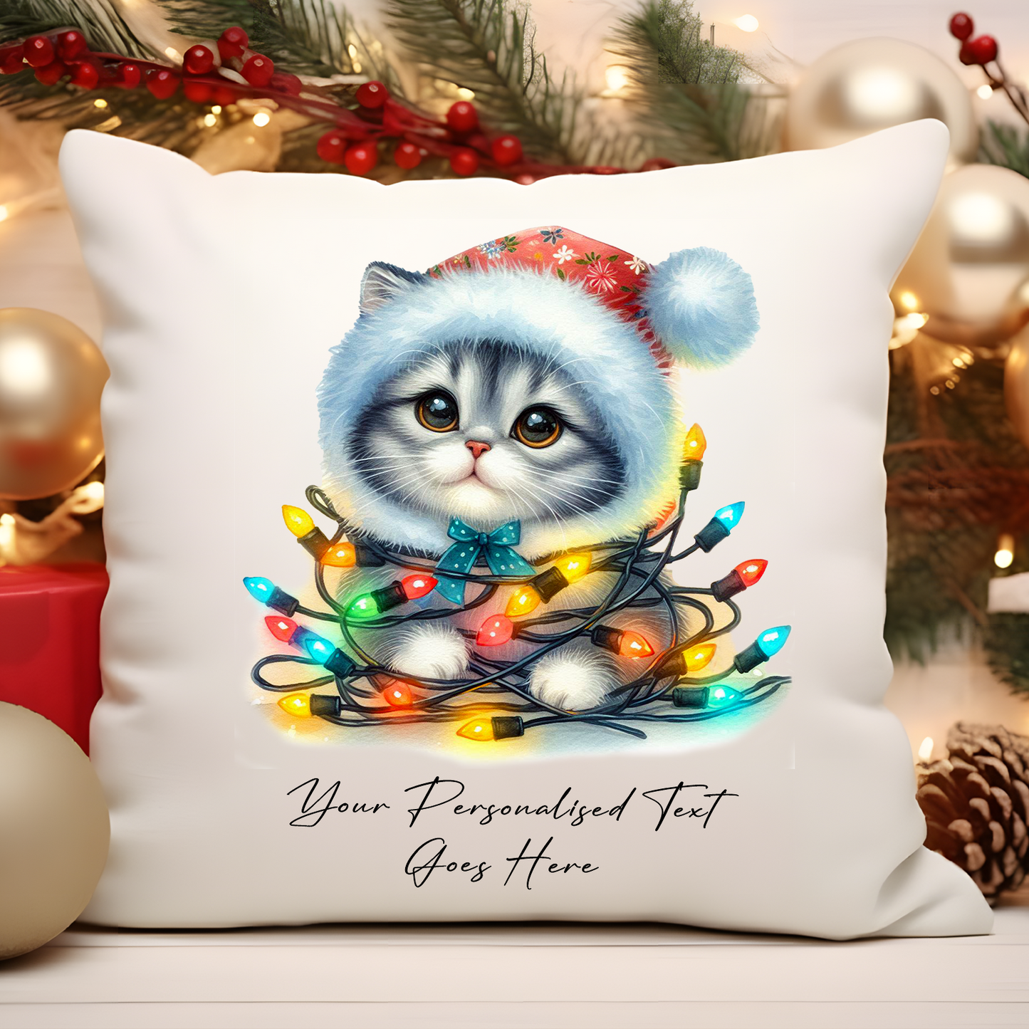 Personalised Cat wrapped in Christmas Lights Cushion Cover Gift