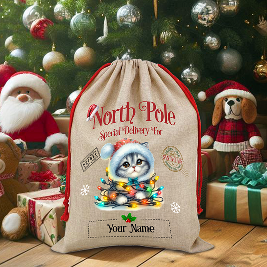 Personalised Cat in Lights North Pole Santa Sack