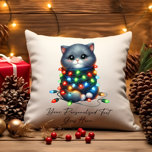 Personalised Cat wrapped in Christmas Lights Cushion Cover Gift - Style B