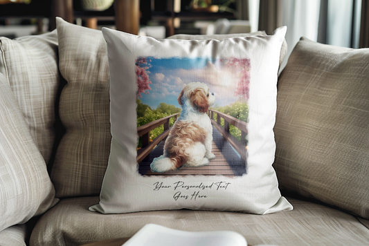 Personalised Cavachon – Looking out across a Bridge Pet Gift Cushion, by Floppsie Moppsie – floppsiemoppsie at floppsiemoppsie.co.uk