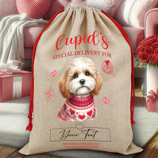 Personalised Dog Love Heart Valentine Anniversary Gift Sack - Cavachon