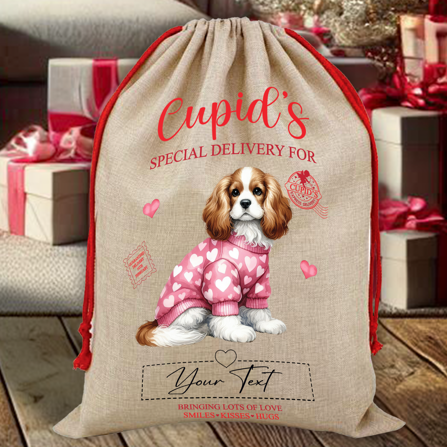 Personalised Dog Love Heart Valentine Anniversary Gift Sack - Cavalier King Charles Spaniel