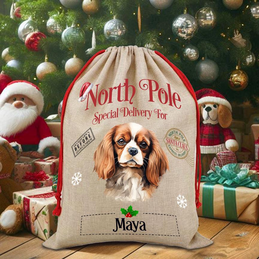 Personalised Dog Cavalier King Charles Spaniel – North Pole Special Delivery Santa Sack Pet Gift, by Floppsie Moppsie – floppsiemoppsie at floppsiemoppsie.co.uk