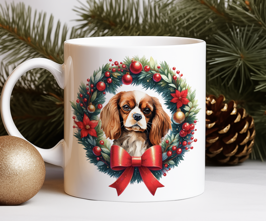 Personalised King Charles Spaniel Dog Christmas Wreath Gift Mug