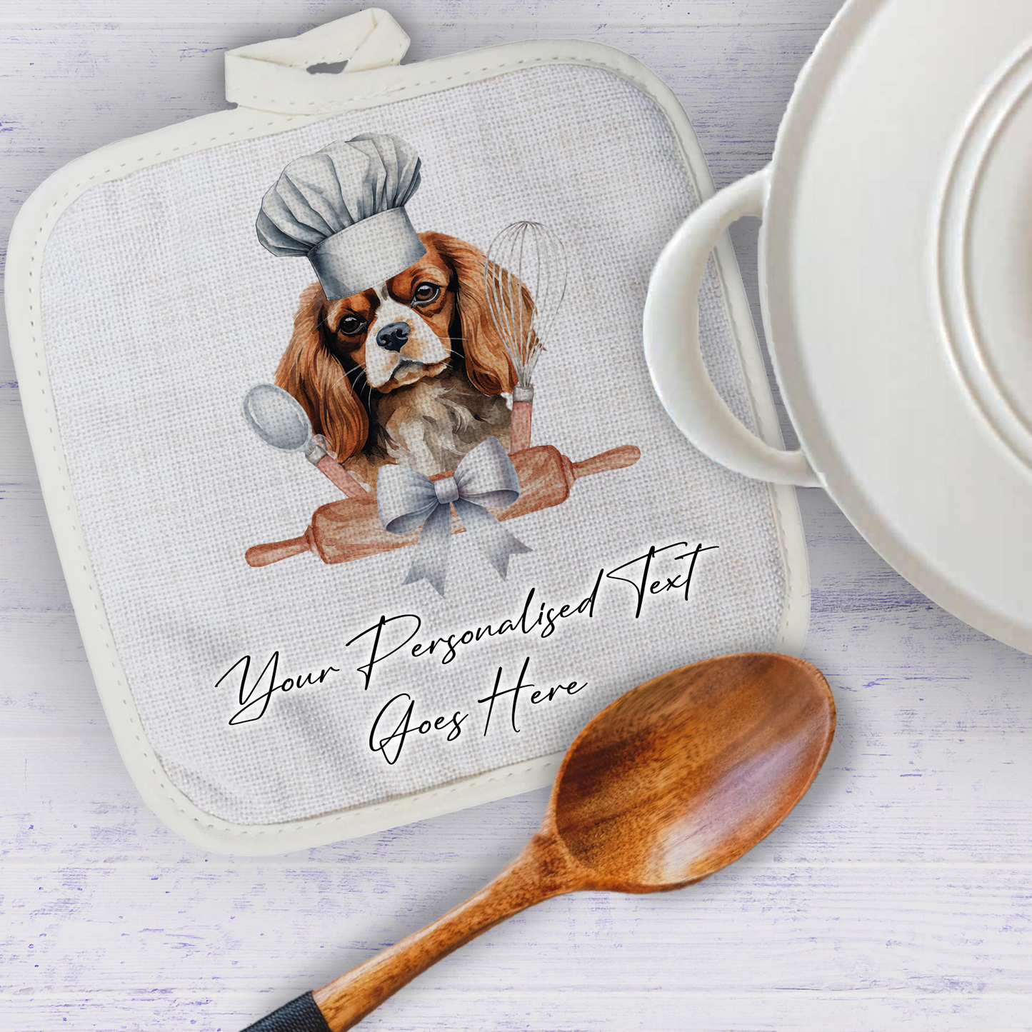 Personalised Dog In Chef Hat Gift Pot Holder / Grab - Cavalier King Charles Spaniel