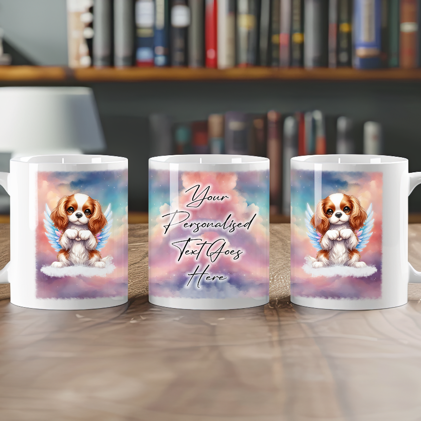 Personalised Dog Memorial Mug of King Charles Spaniel with wings in clouds making a heart sign - Keepsake Gift Mug, by Floppsie Moppsie – floppsiemoppsie at floppsiemoppsie.co.uk